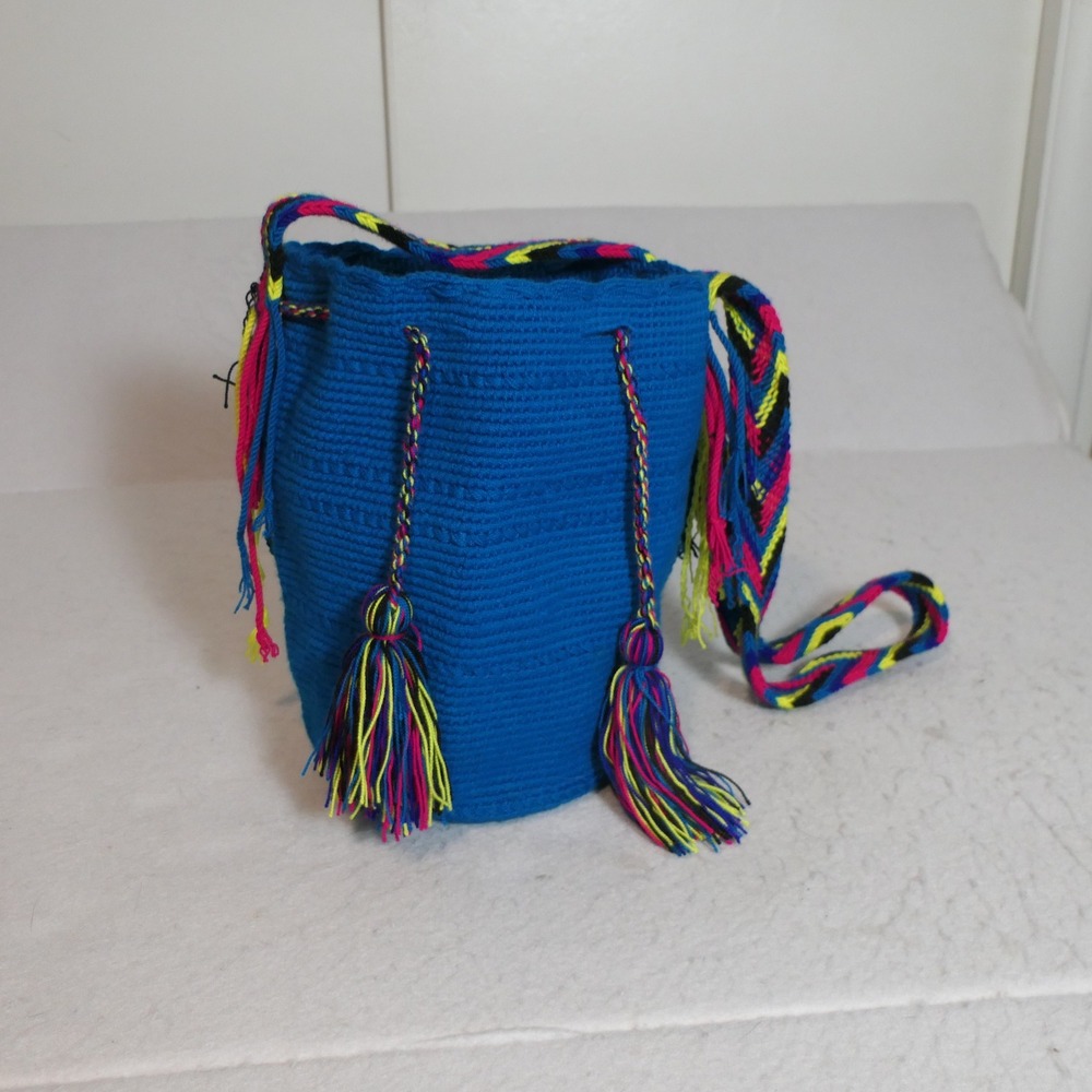 Wayuu Mochila Bag Blue Solid Crochet Bucket Boho Crossbody Purse Handmade